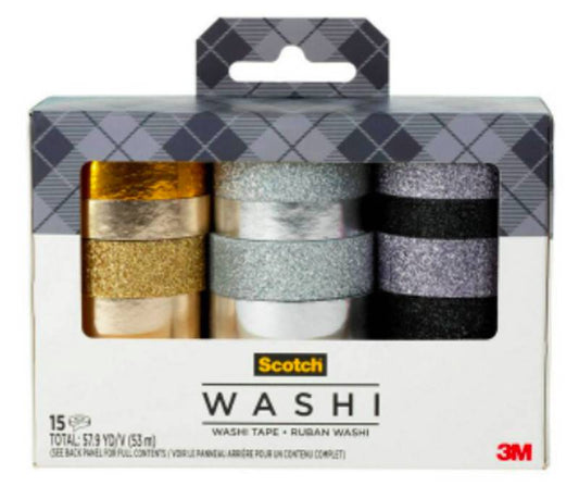 Scotch 15pk Washi Tape Black Gold Silver Glitter White Gray NEW